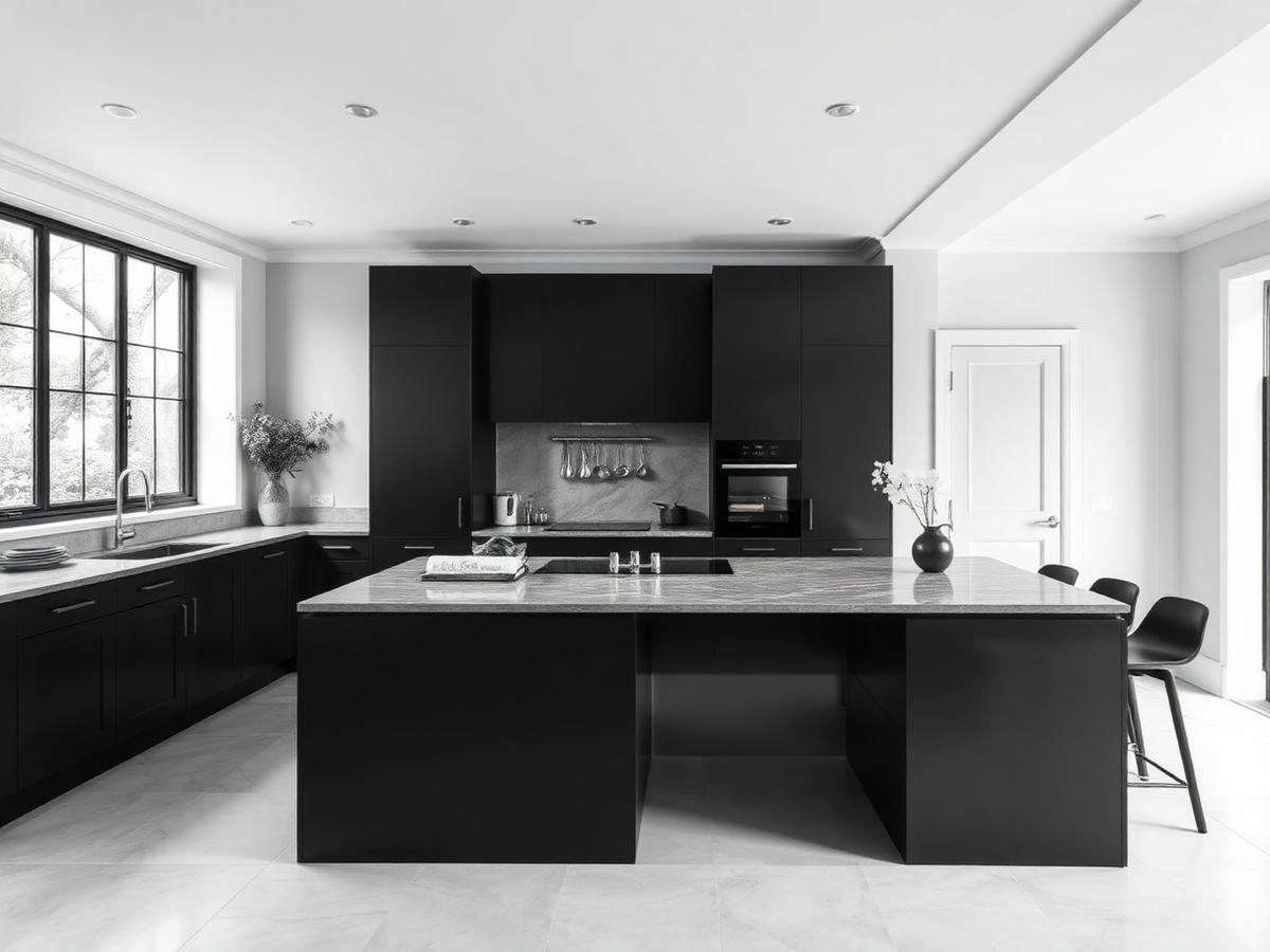 Monochrome photograph of a dark handleless London kitchen