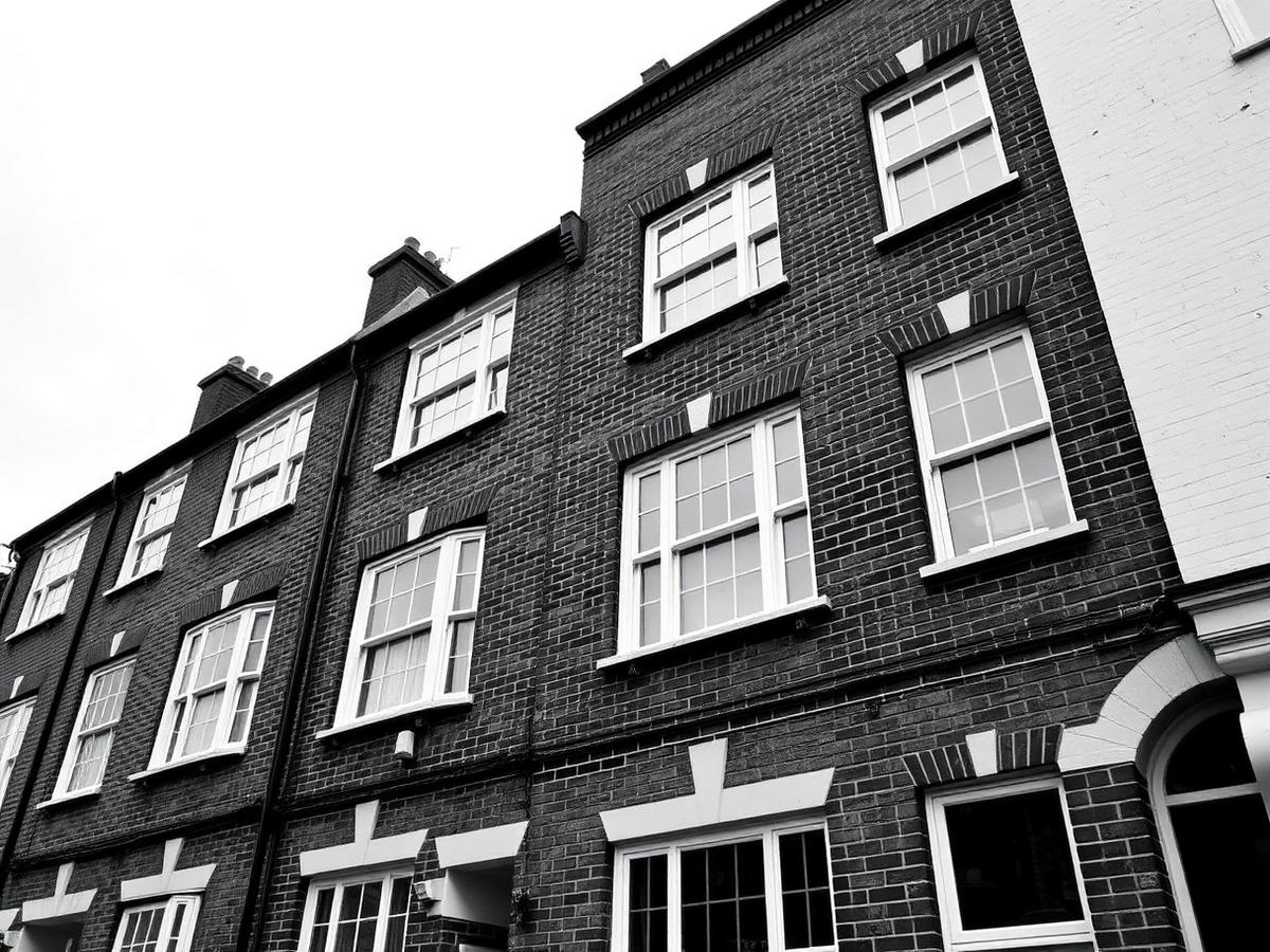 Monochrome photograph of a London terraced townhouse facade