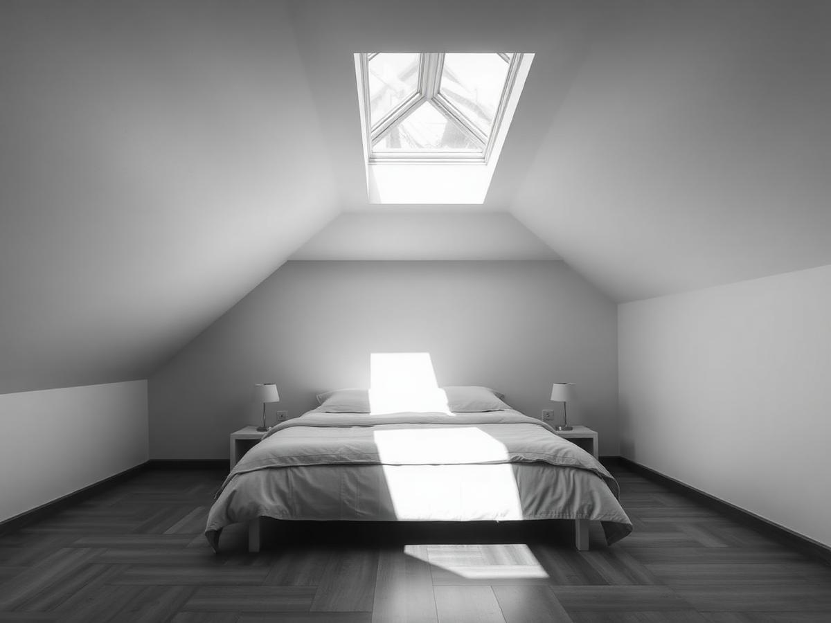 Monochrome photograph of a loft conversion beneath a rooflight
