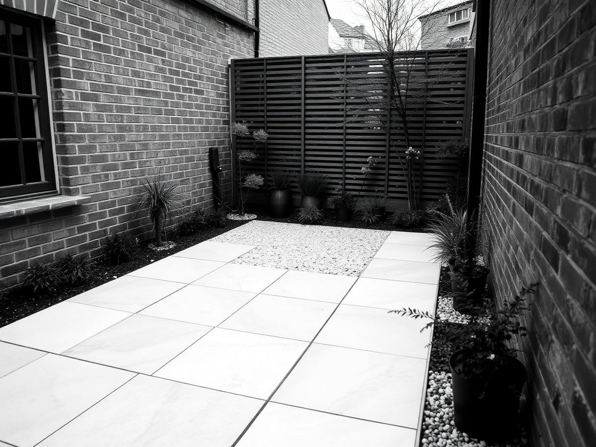Monochrome photograph of a small paved London courtyard garden