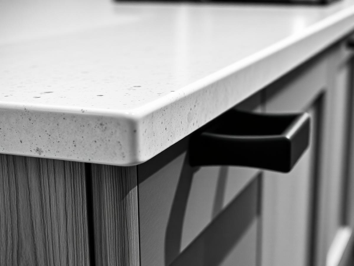 Monochrome close-up of a stone worktop edge meeting cabinetry