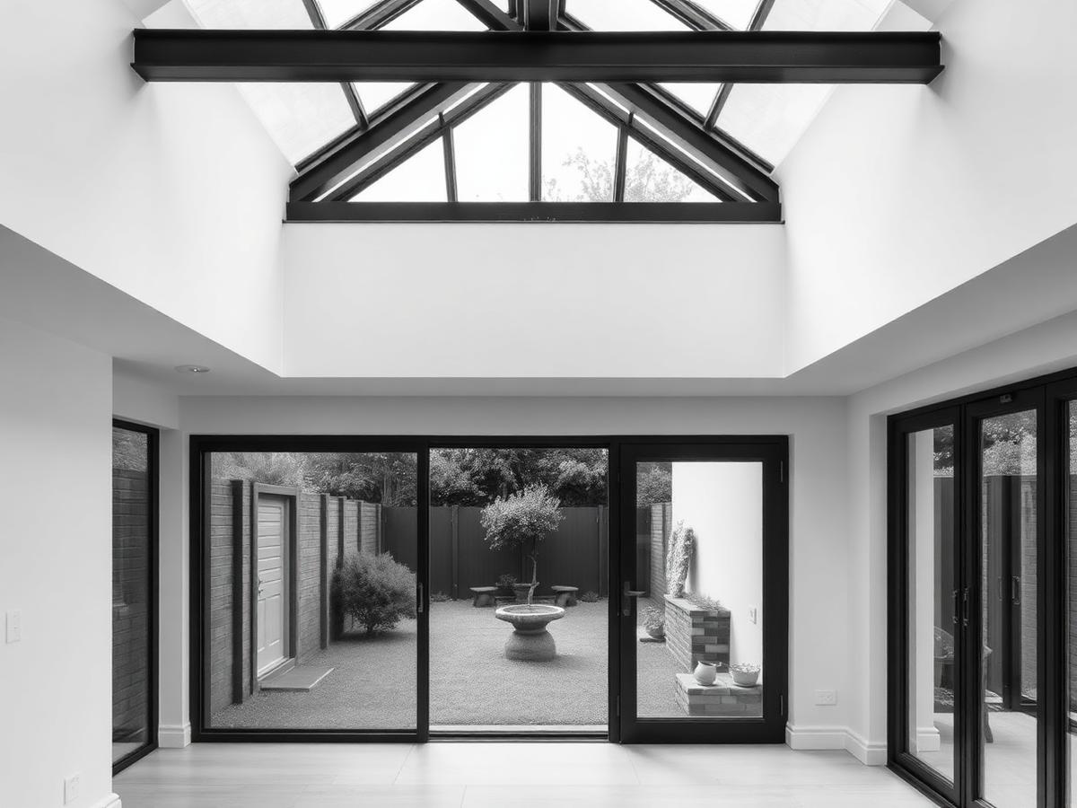 Monochrome photograph of a rear extension with roof lantern