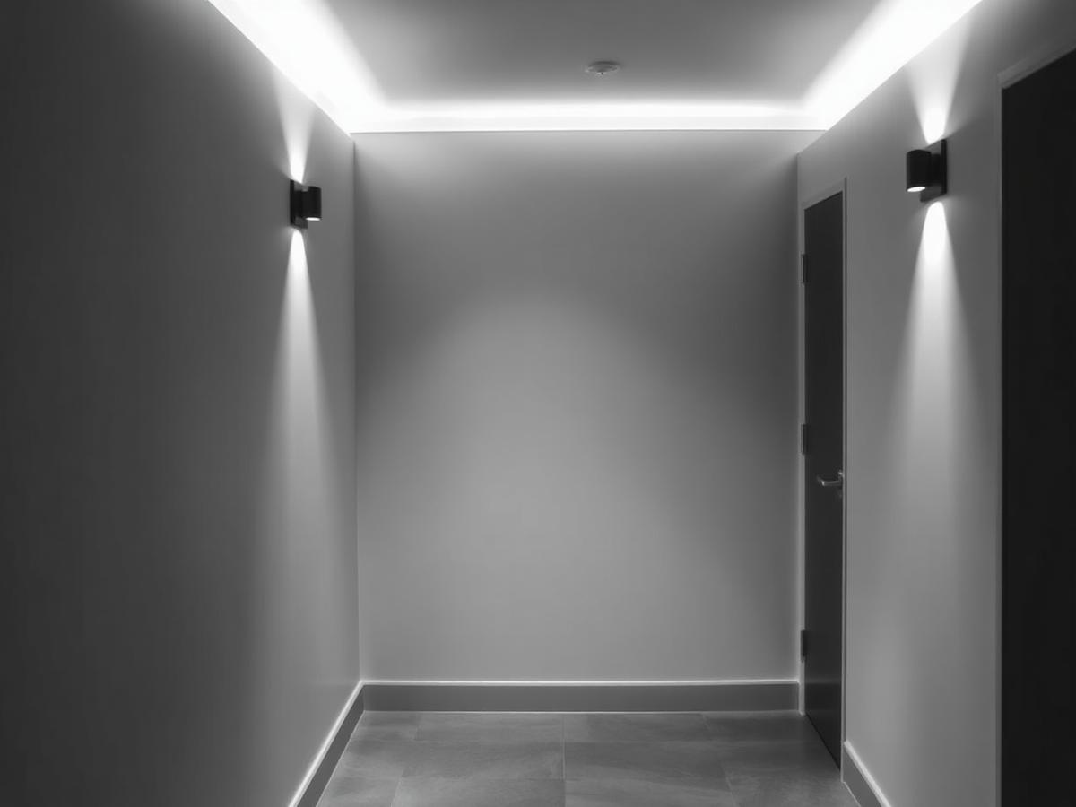 Monochrome photograph of concealed LED lighting in a minimal hallway