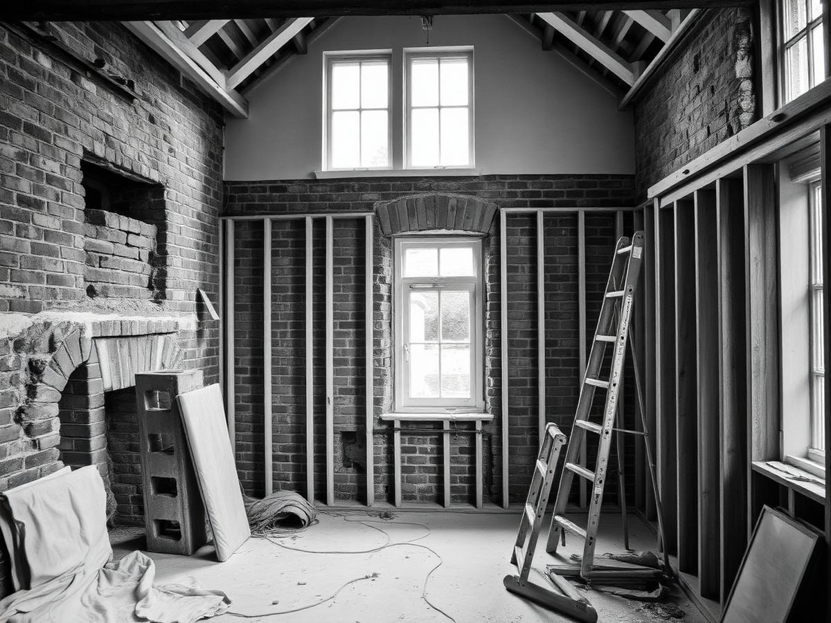 Monochrome photograph of a stripped-back renovation site