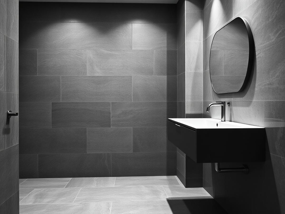 Monochrome photograph of a minimal stone bathroom