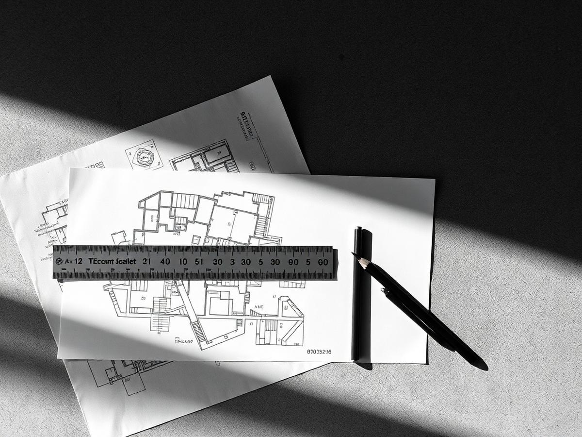 Monochrome photograph of architectural drawings and a scale rule