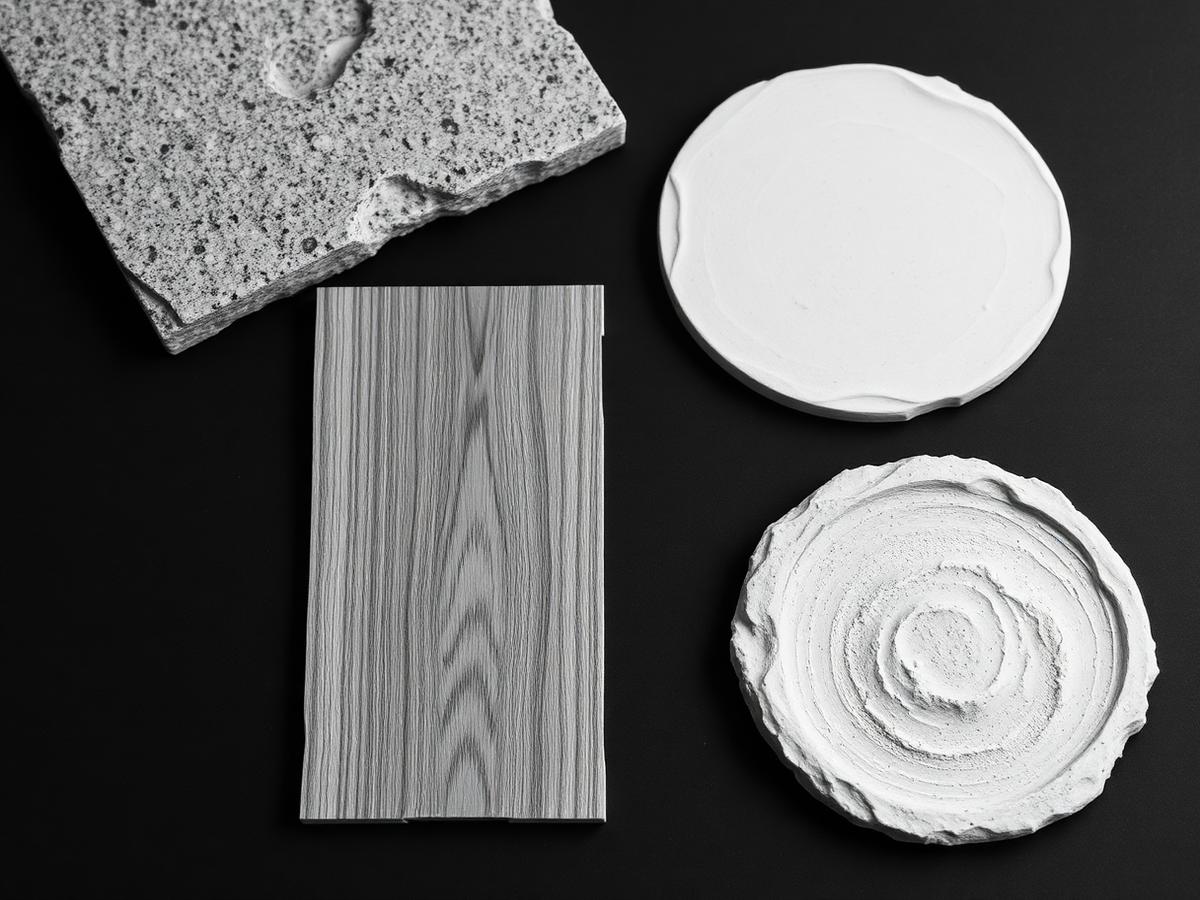 Monochrome flat lay of stone, timber and plaster material samples