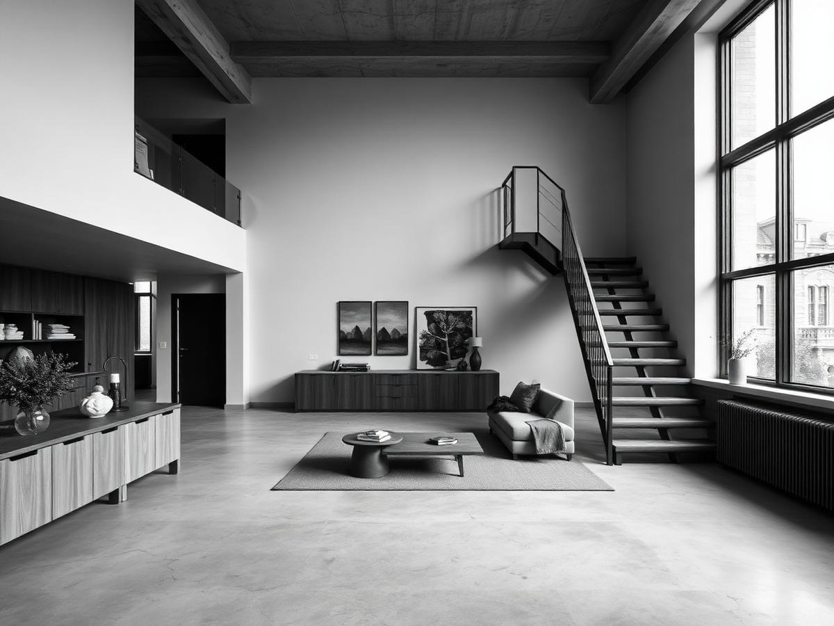 Monochrome photograph of an open-plan London living space