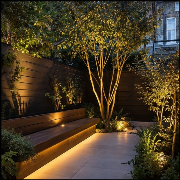 Small garden terrace lit at dusk