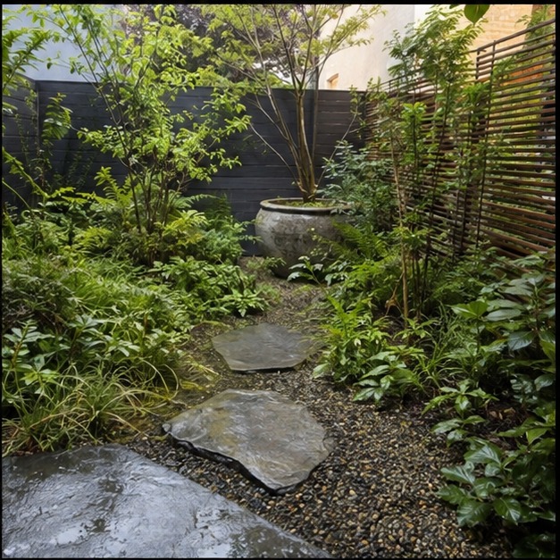 Stone path through a planted garden
