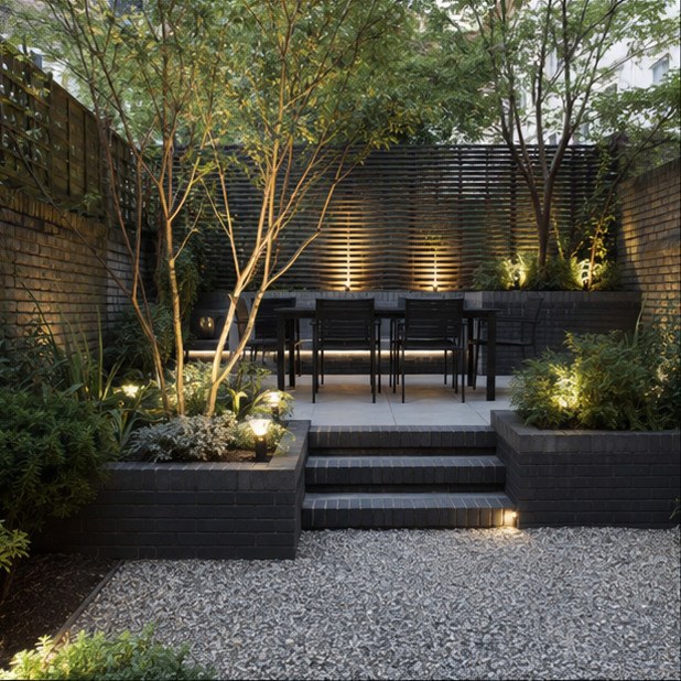 Landscaped garden with paved terrace after works