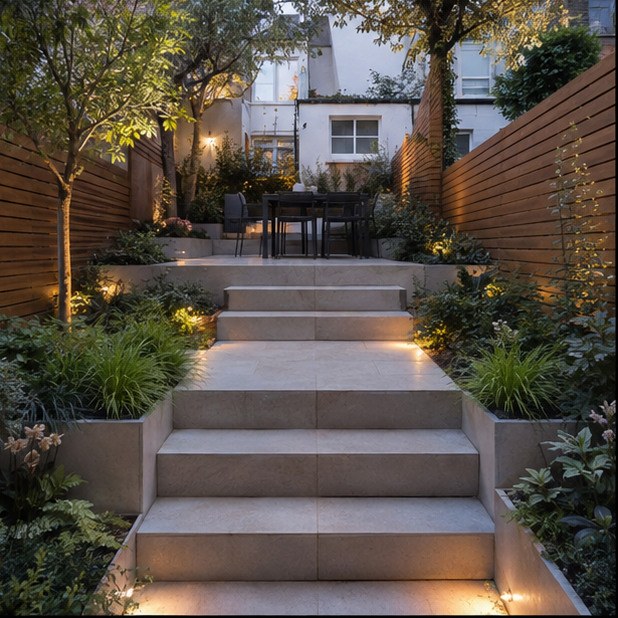 Rebuilt rear garden with new paving and lawn