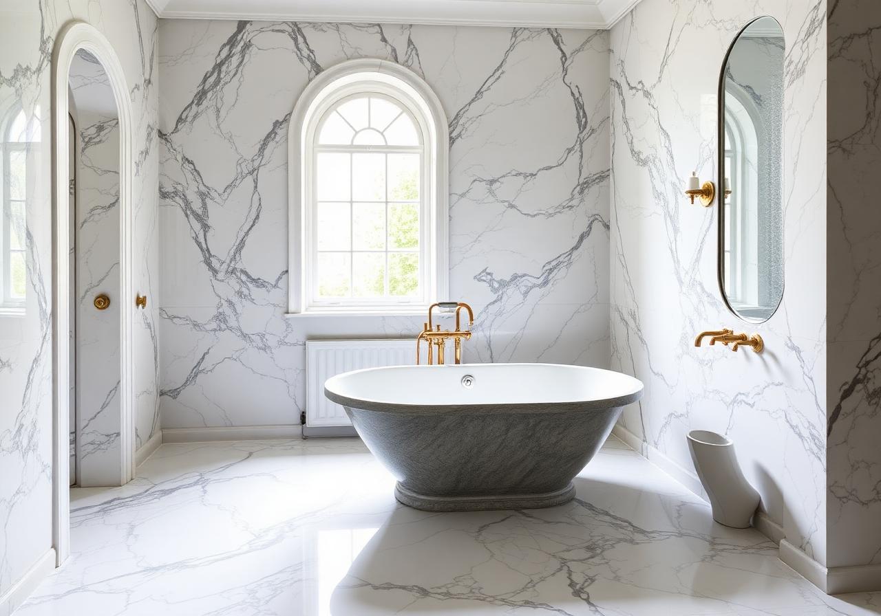 Bathroom lined in large-format stone with a walk-in shower