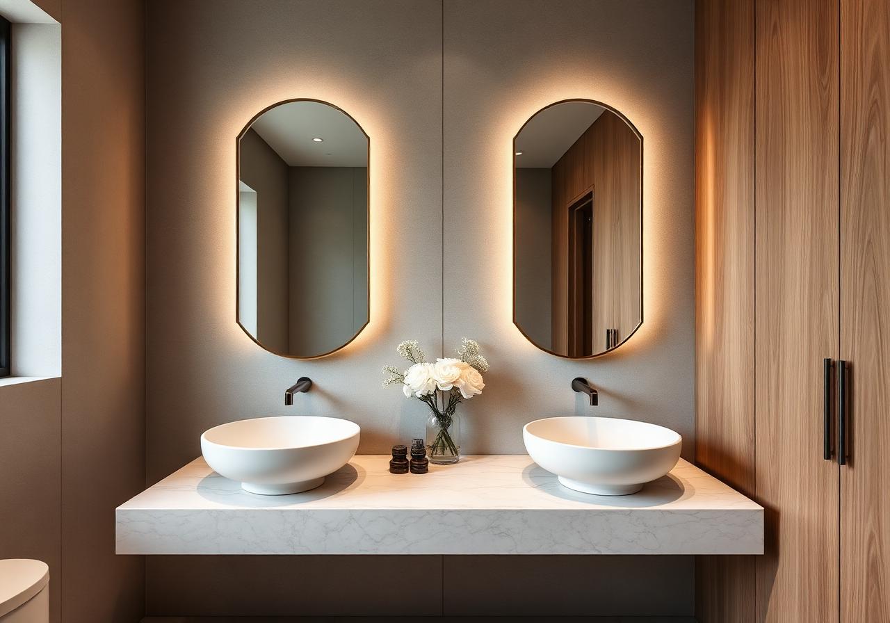 Vanity and mirror detail in a stone bathroom