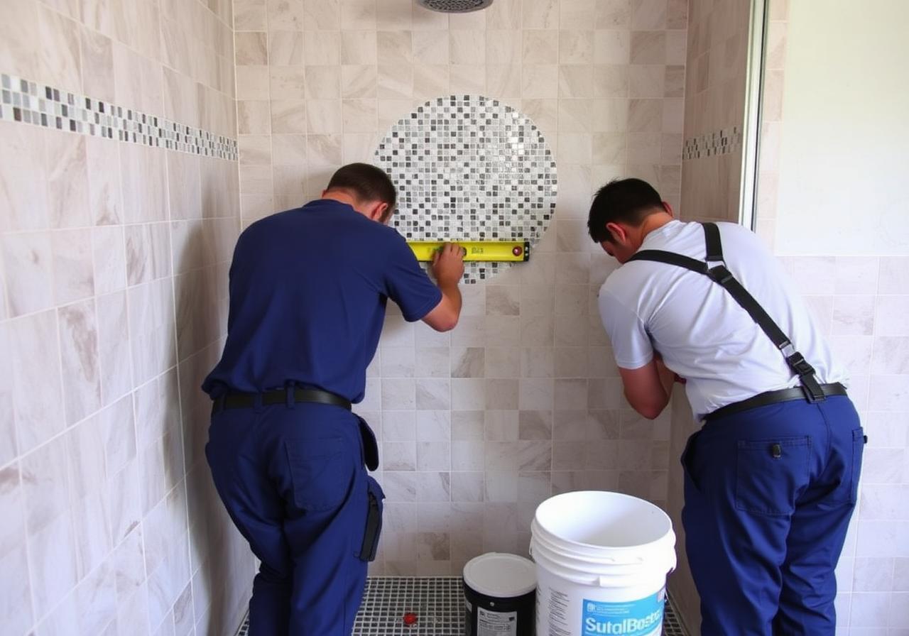 Tiling set out on a bathroom wall
