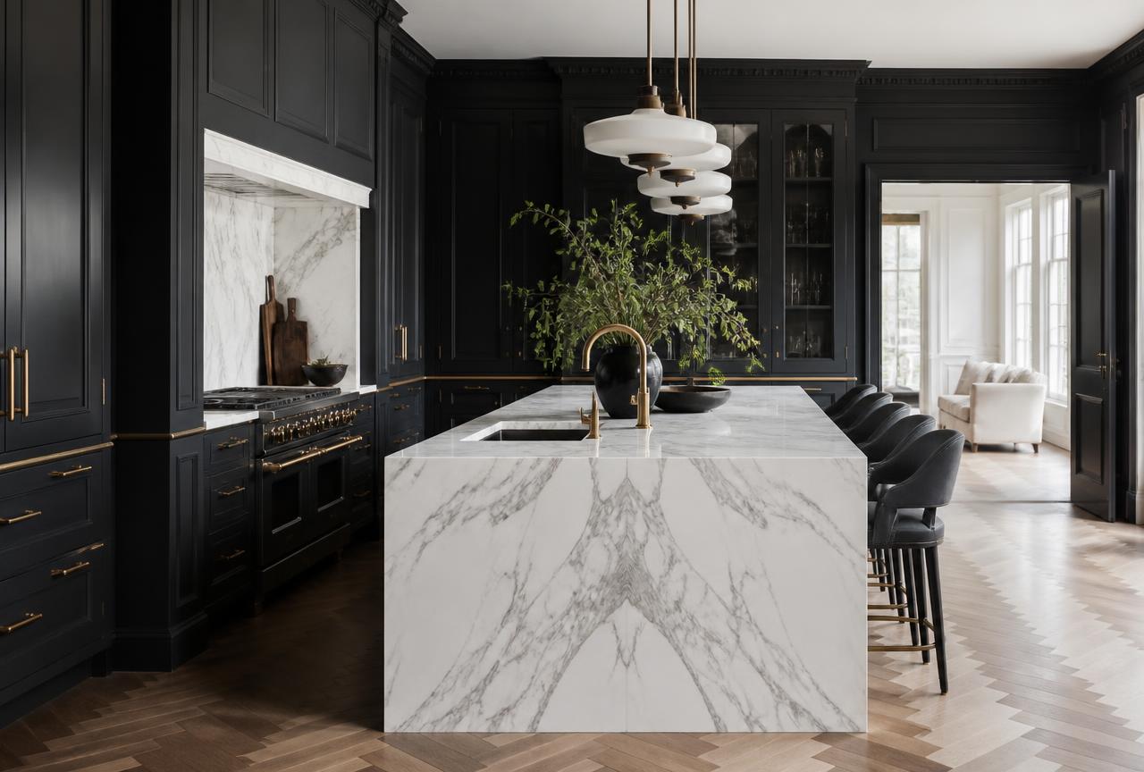 Fitted kitchen with a handleless run and a large central island