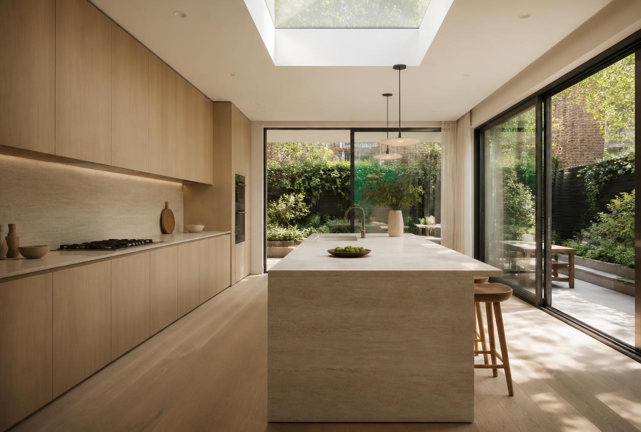 Tall kitchen storage wall with integrated appliances