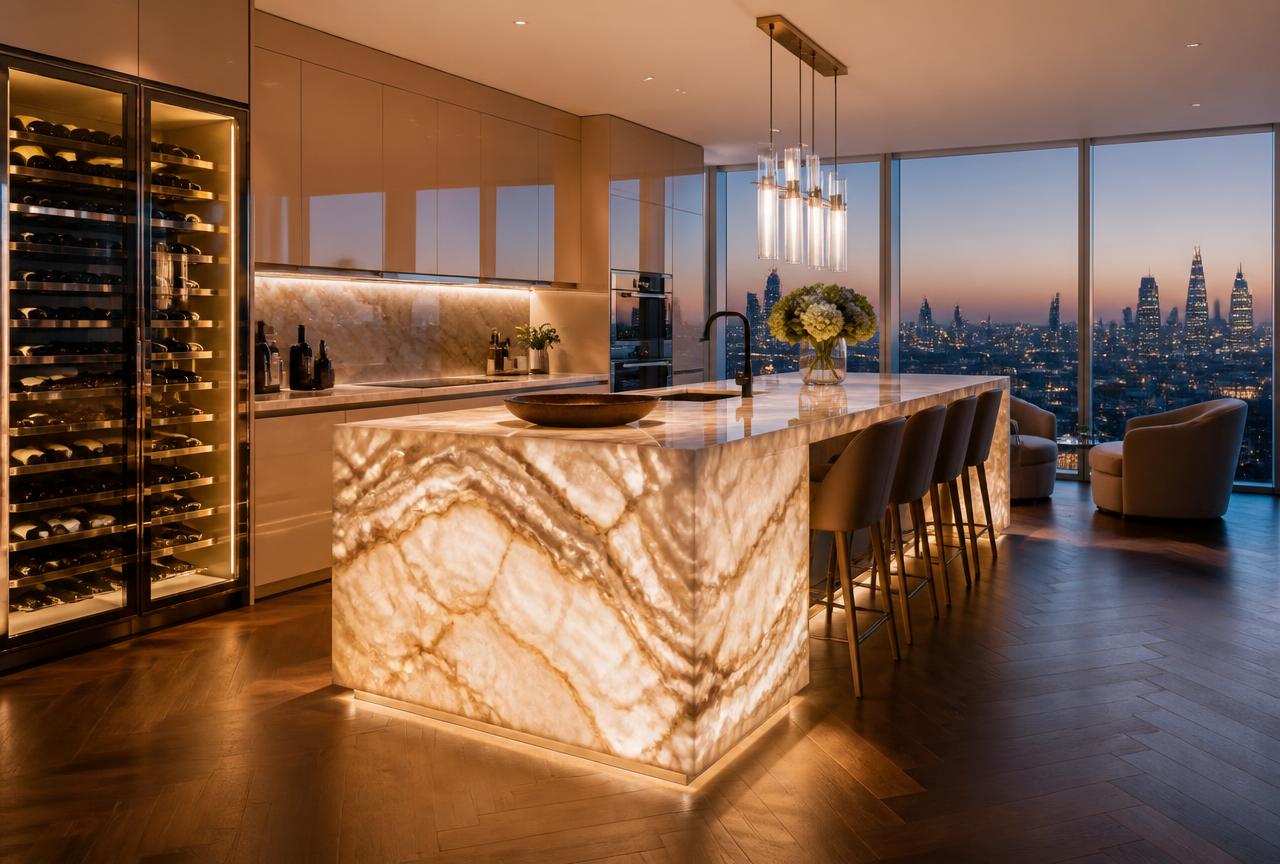 Open kitchen and dining room with fitted cabinetry
