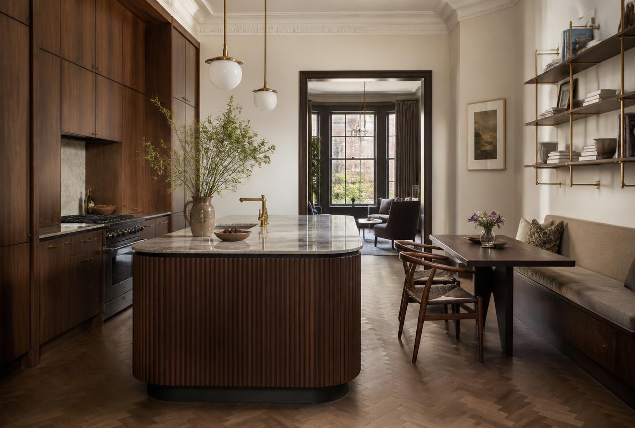 Dining table beside a fitted kitchen run