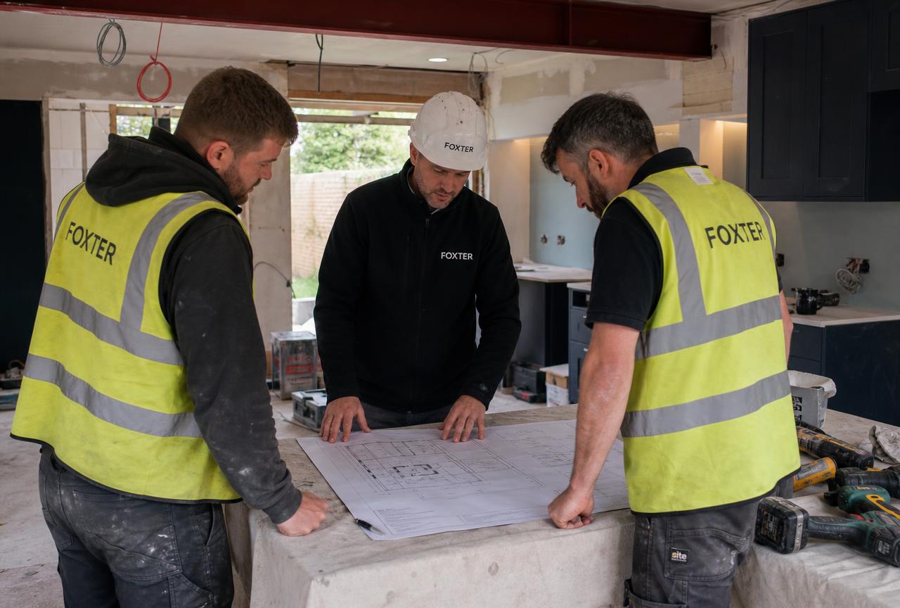 Kitchen cabinetry being installed on site