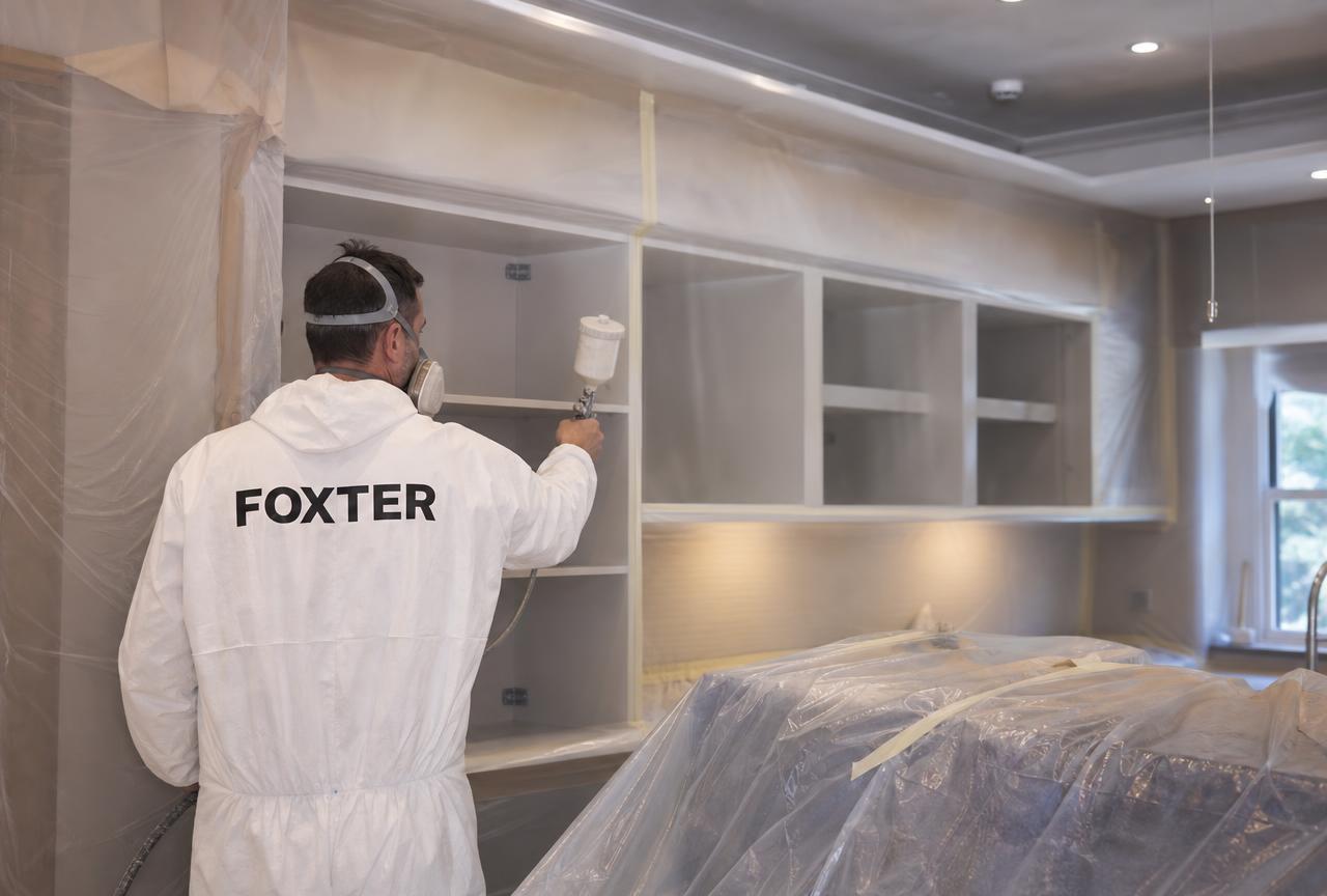 Fitters levelling kitchen carcasses