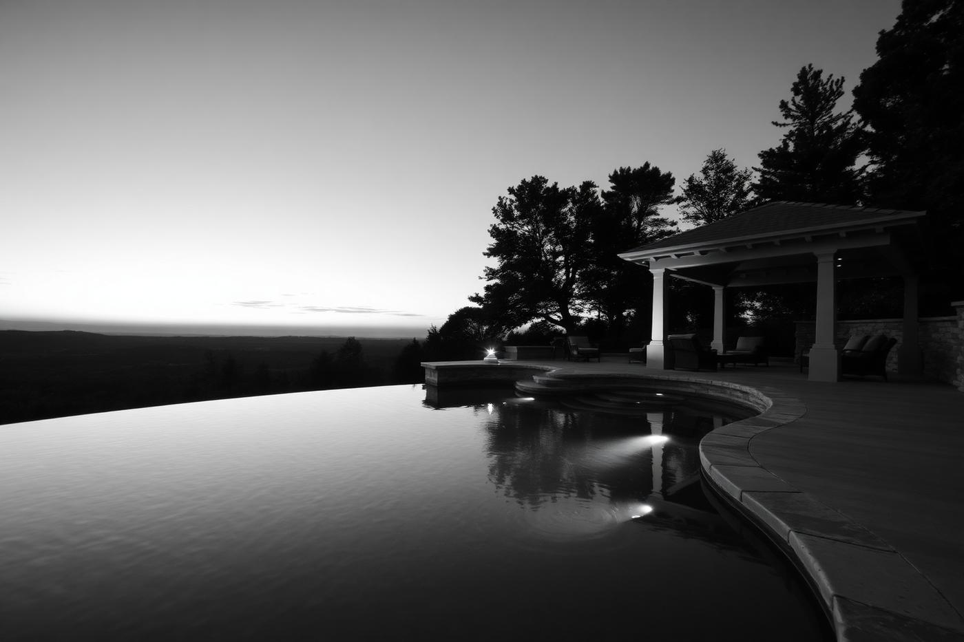 Pool with covered loggia and evening lighting