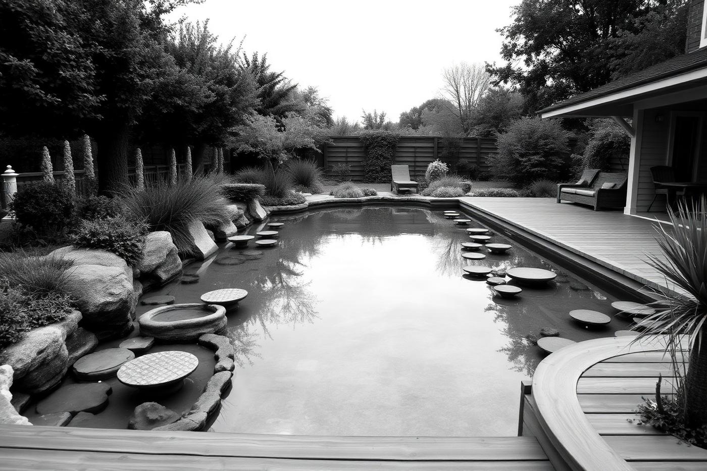 Naturally planted swimming pond with timber deck